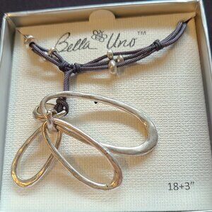 NWT Bella Uno Orbital Frontal Necklace in Worn Silver Finish & Grey Cord